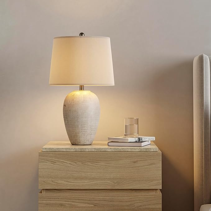 Nourison Home 23" Distressed Cream/Beige Rustic Ceramic Jar Table Lamp - Image 2