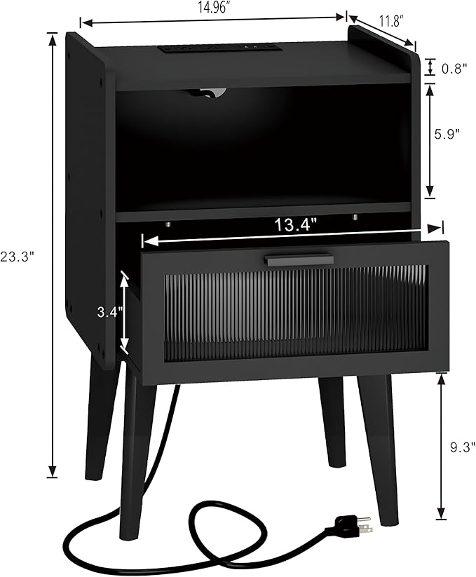 Nightstand with Charging Station, Bedside Tables, End Table Side Table with 2 - Image 3