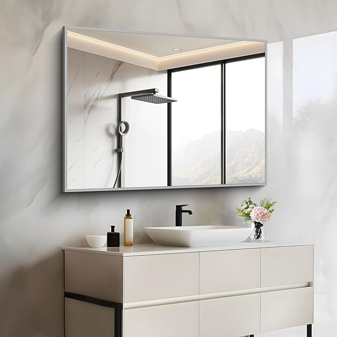 30x40In Silver Bathroom Mirror for Wall, Brushed Nickel Rectangle Mirrors - Image 8
