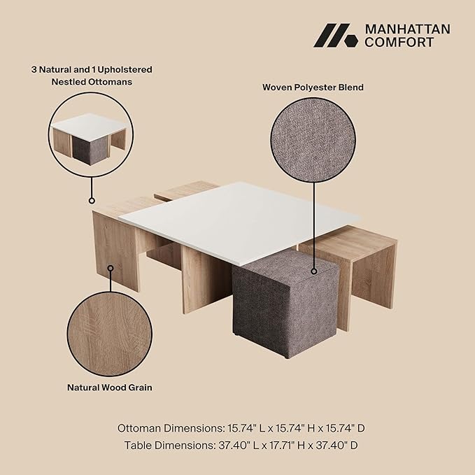 Manhattan Comfort Haley Mid Century Modern Coffee Table & Ottoman Set - Image 3