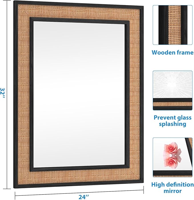 Rattan Wall Mirror with Wooden Framed 24 X 32 inch Farmhouse Rectangle Wood - Image 4