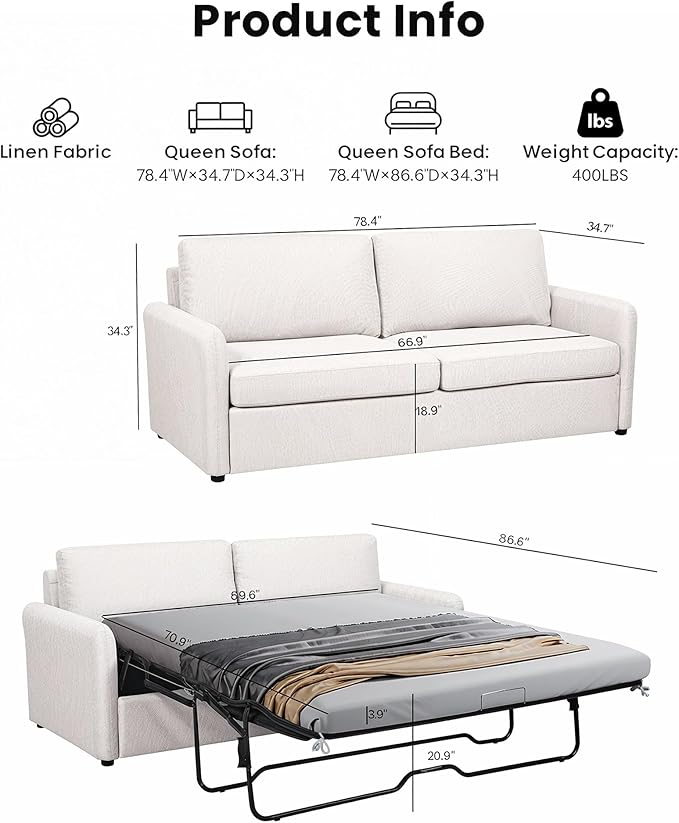 Queen Pull Out Sofa Bed, 2-in-1 Convertible Sleeper Sofa Couch - Image 3