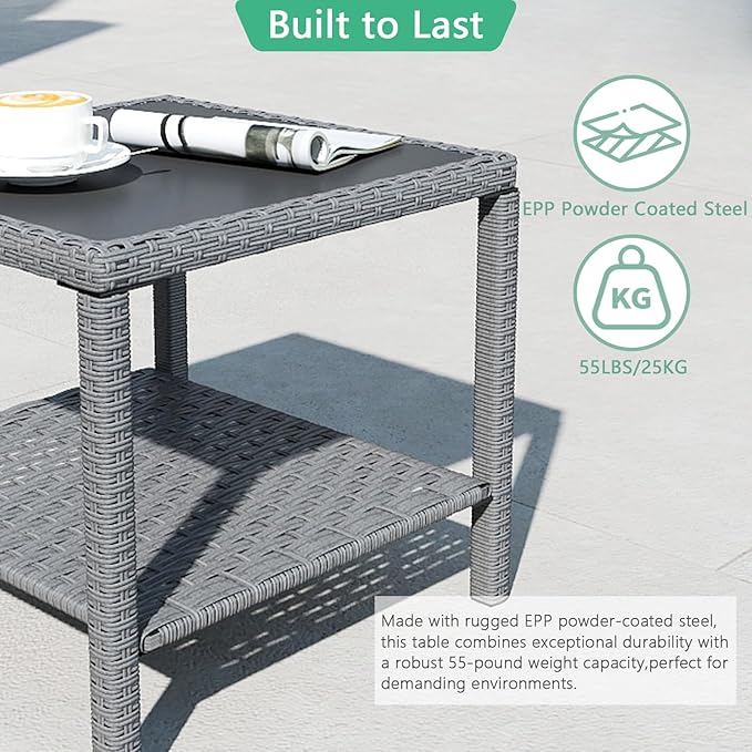 Helios&Hestia Square All Weather Rattan Wicker Outdoor Coffee Side End Table - Image 4