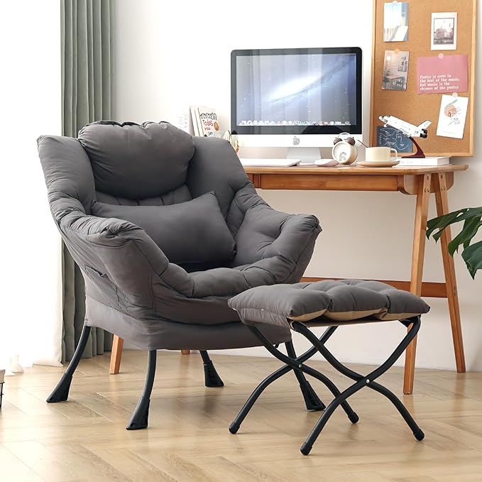 Lazy Chair with Ottoman, Modern Accent Chair with Lumbar Pillow, Comfy Chairs - Image 2