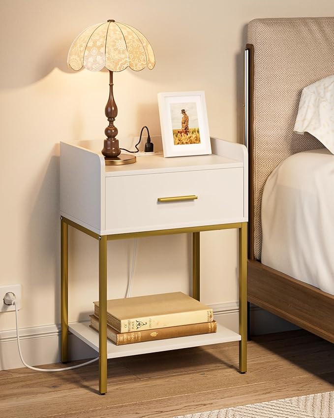 Nightstand with Charging Station, 3-Tier Bedside Table by Unknown