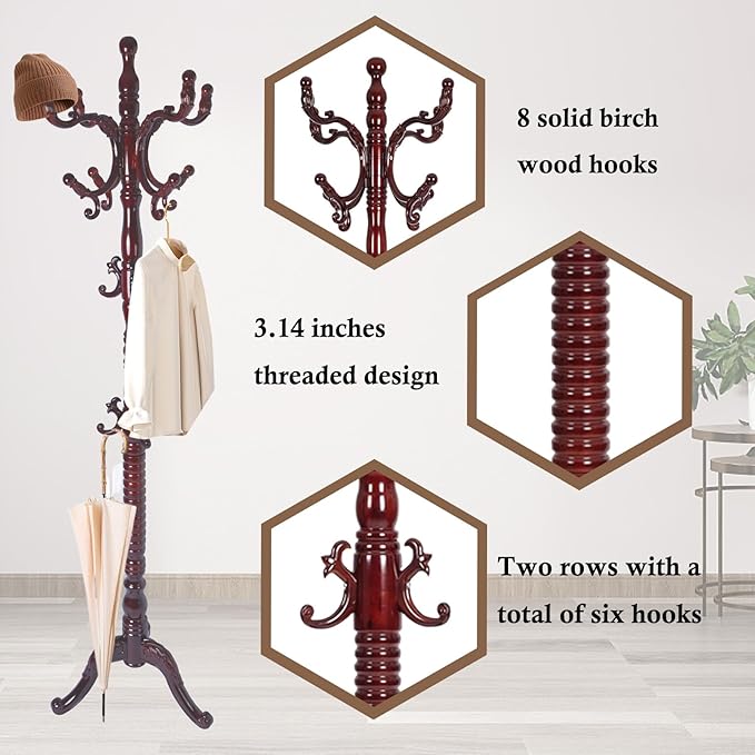 Coat Rack Stand, Solid Wooden Coat Tree - Image 5