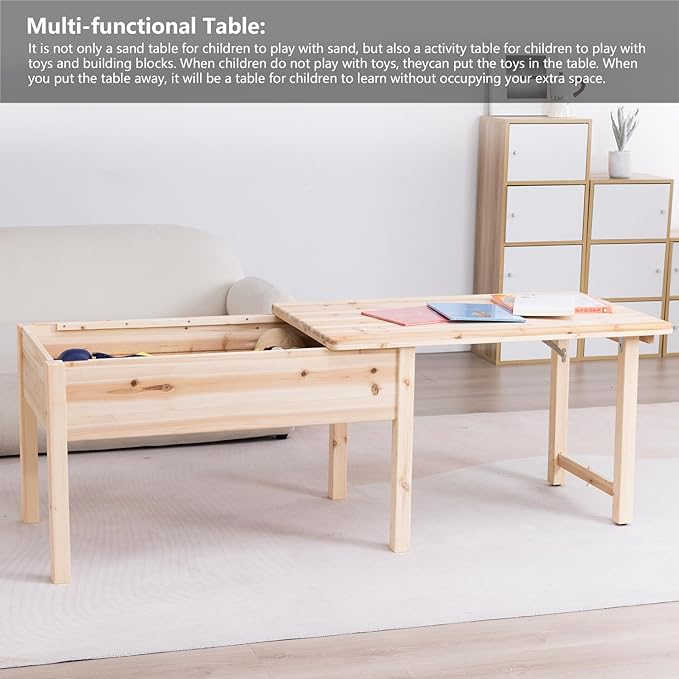 BIRASIL Wooden Kids Table with Storage, Sensory Tables with Folding Lid - Image 6