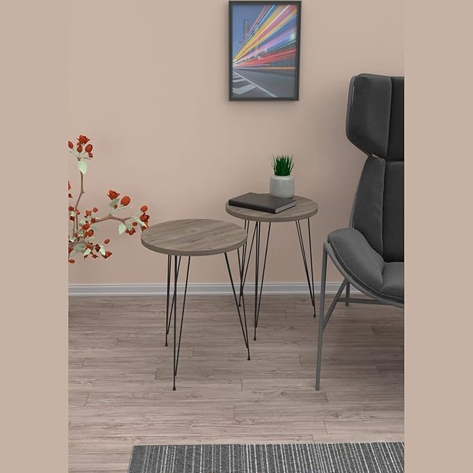 PAK HOME - Set of 2 Pine Wood Grey End Table – Round Wood Sofa Side Coffee - Image 6