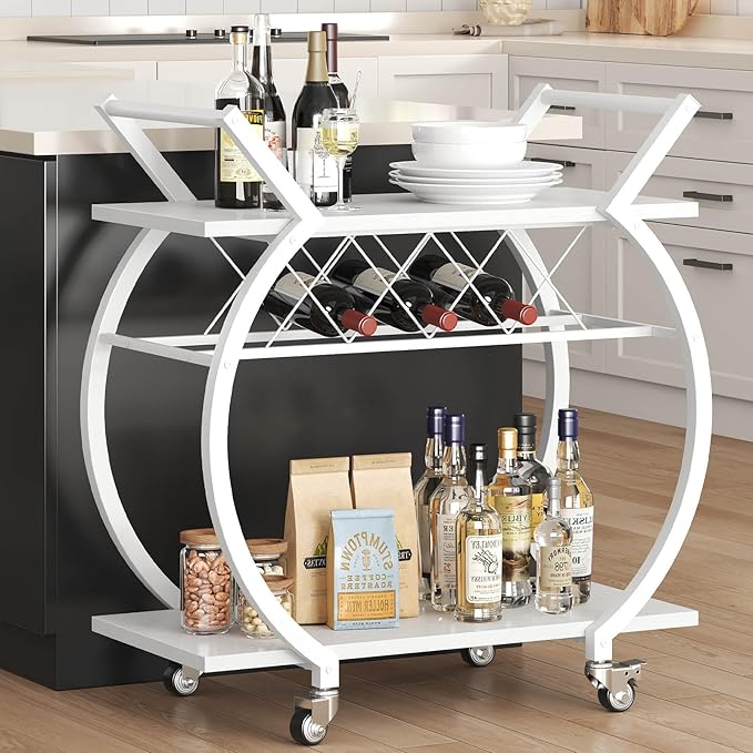 LVB White Bar Cart, Modern Rolling Serving Wine Cart - Image 7
