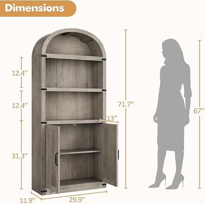Garveehome Bookcase with Doors Arched Bookshelf 71.65in Tall Bookcase Farmhouse - Image 2