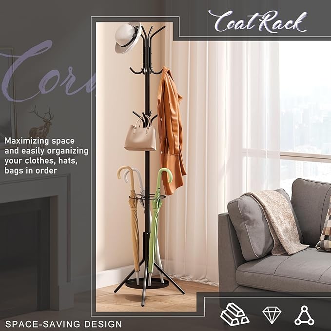 Coat Rack Freestanding, Entryway Hanger Stand, Umbrella Holder, Hall Tree - Image 3
