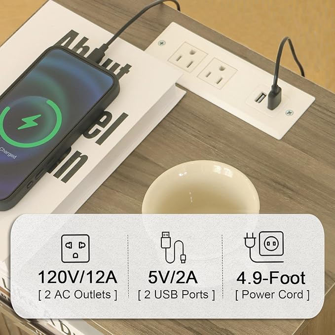 Night Stand with Charging Station, Modern Bedside Table with Drawer and Solid - Image 6