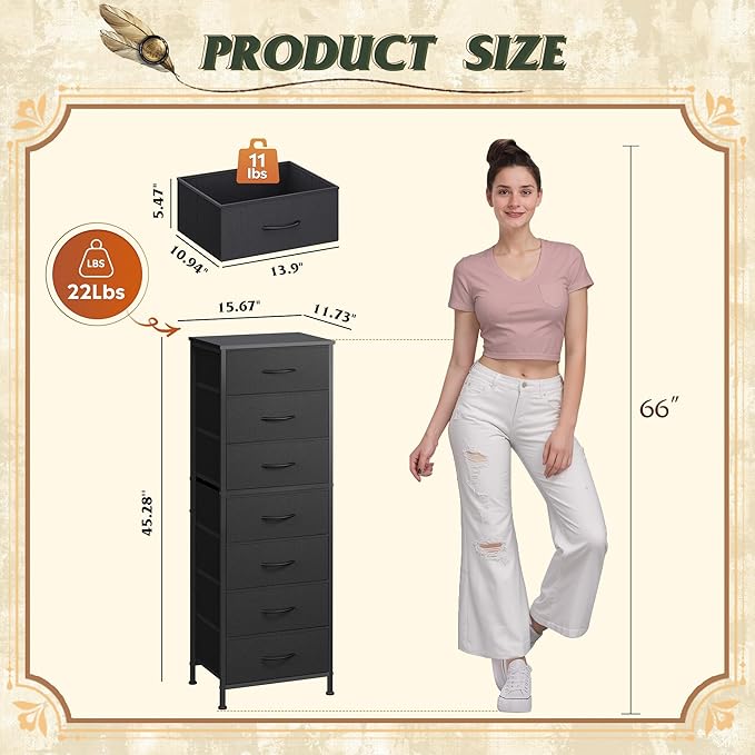 WLIVE Black Tall Dresser for Bedroom, 7 Drawer Dressers & Chests of Drawers - Image 3