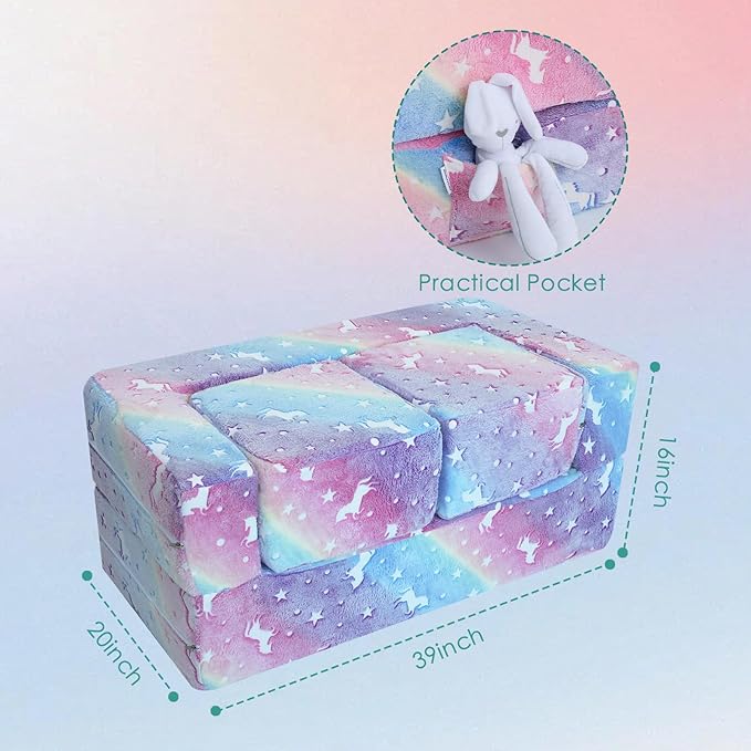 MeMoreCool Glow in The Dark Kids Couch, Rainbow Fold Out Toddler Sofa, Modular - Image 2