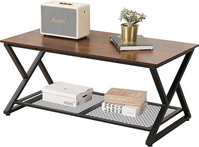SENIG Coffee Table with Storage Shelf, Industrial Metal Wood Living Room Tables by SENIG