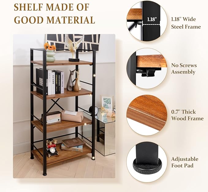 Crofy Rustic Bookshelf, 4 Tier Real Wood Bookshelf, Metal Book Shelf - Image 4