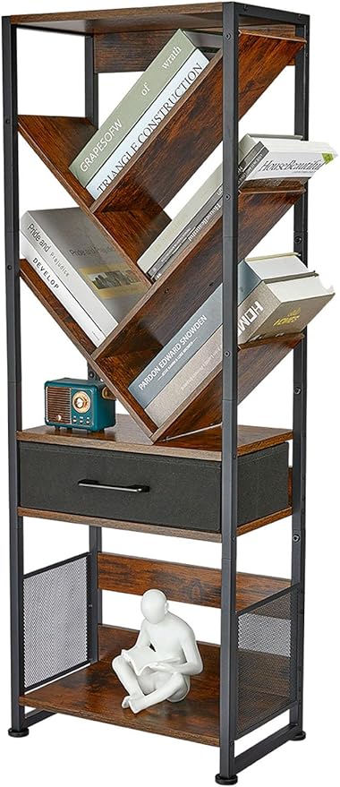Bookshelf with Drawer, 8 Tier Tree Bookcase Retro Floor Standing Bookshelves - Image 9