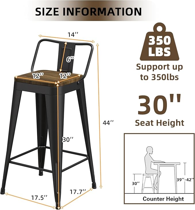 Black Bar Stools Set of 4, Metal Bar Stools - Image 2