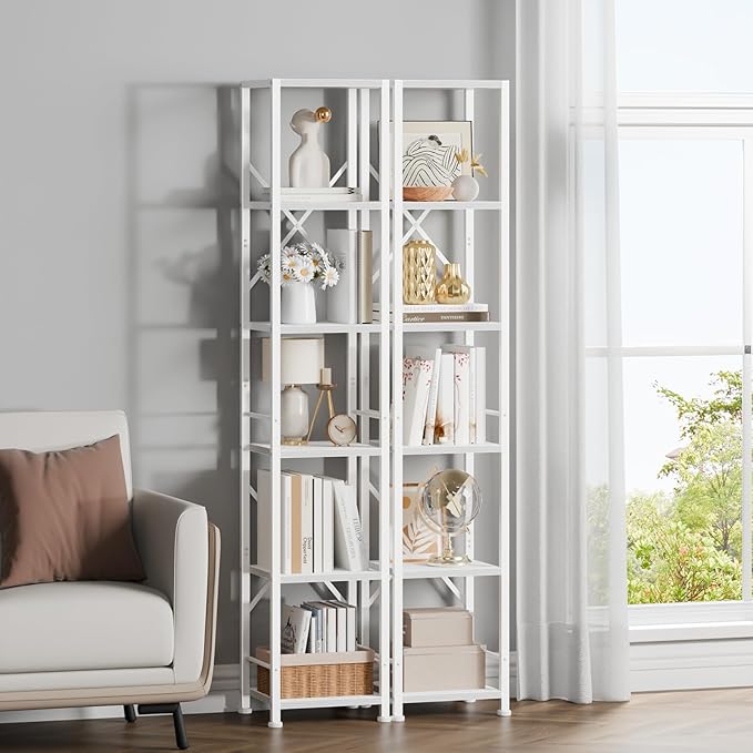Furologee White Bookshelf 6 Tier Tall Narrow Bookcase, Modern Display Standing - Image 7