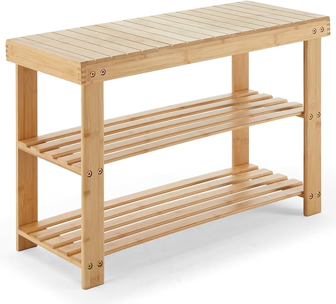 Sweetcrispy Shoe Rack Bench, 3-Tier Bamboo Entryway Storage Organizer, 286lb by Sweetcrispy