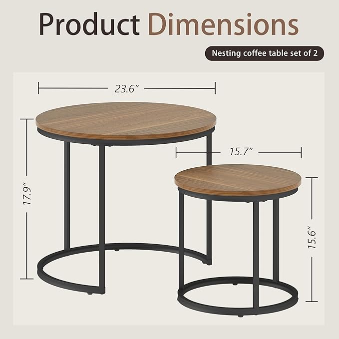 Nesting Tables Set of 2, Round Coffee Table, Small Nesting Coffee Table - Image 2