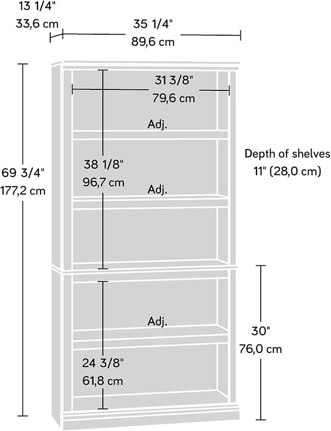 Sauder Miscellaneous Storage 5 Bookcase/Book Shelf, L: 35.28" x W: 13.23" x H: - Image 3