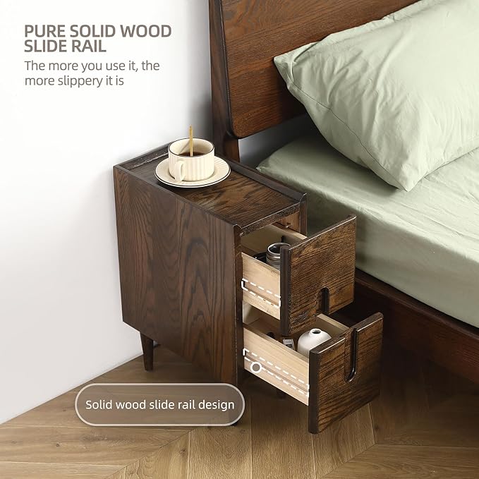 Solid Wood Bedside Table Nightstands, Slim Narrow Oak Real Wooden Mid-Century - Image 6