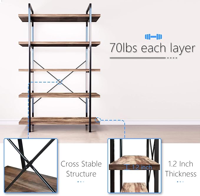 45MinST 5-Tier Vintage Industrial Style Bookcase/Metal and Wood Bookshelf - Image 4