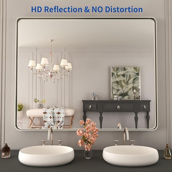WEER 40X32 Inch Brushed Nickel Bathroom Mirror, Brushed Silver Metal Frame - Image 2