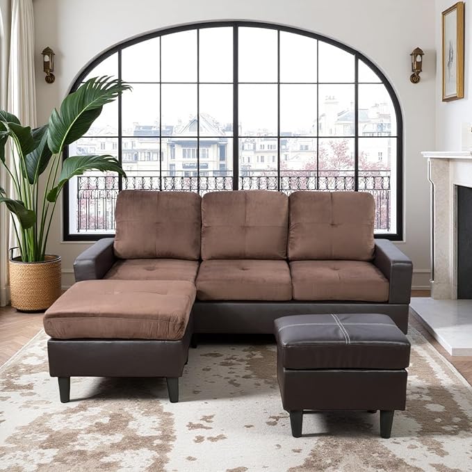 L Shaped Sofa with Ottoman, Modern Faux Leather Couch with Chaise, 3 Seat - Image 5