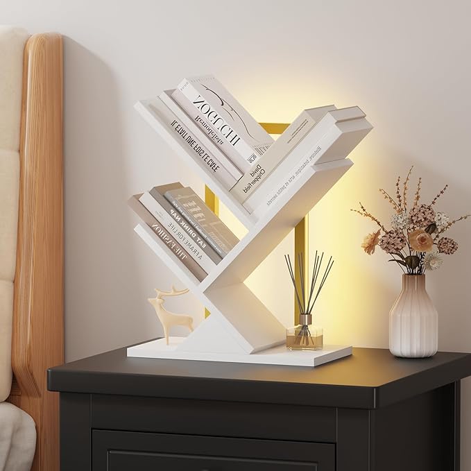 Tree Bookshelf with LED Lights, 3 Tier Floor Standing Bookcase, Classical by Qupui