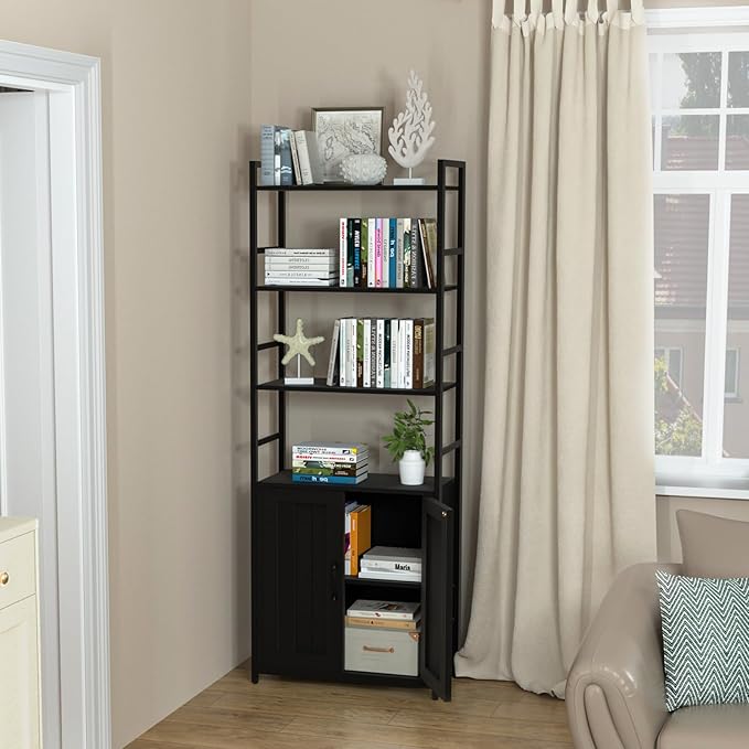 Black Bookshelf with Doors, 6 Tier Book Shelf - Image 4