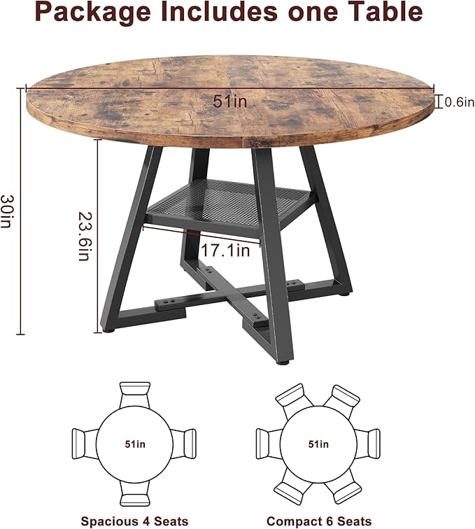 51'' Round Dining Table for 6, Kitchen Dining Room Circle Dinner Pedestal Table - Image 2