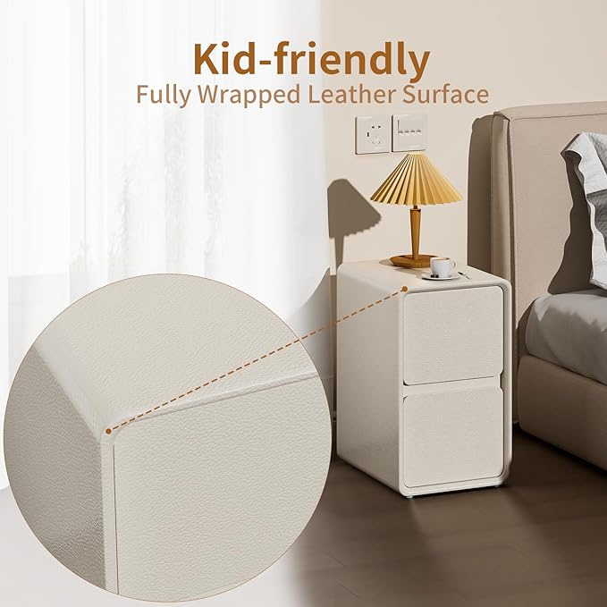 VICITON Modern Narrow Faux Leather Nightstand, Solid Wood Drawer, Storage - Image 5