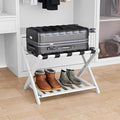 Fully Assembled White Bamboo Luggage Rack, 5 Straps Folding Suitcase Stand by SmartFENDEE