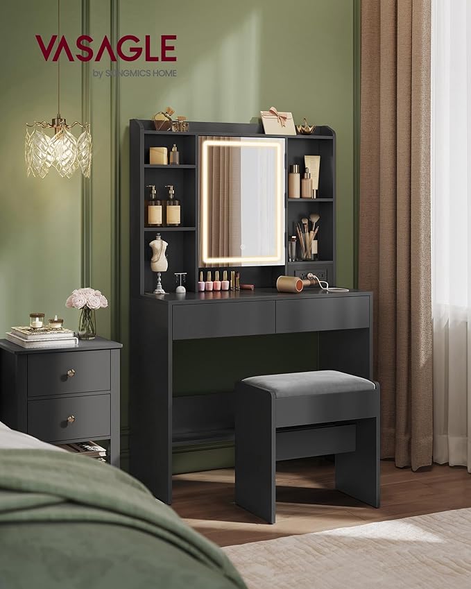 VASAGLE Vanity Desk with Power Outlets, Makeup Vanity with Mirror and Lights - Image 2