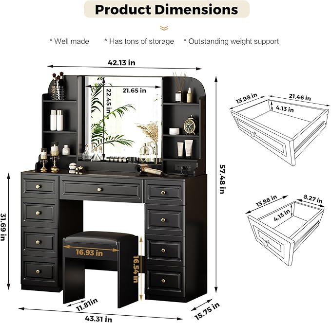 43" Makeup Vanity Desk with Mirror and Lights, & Power Outl, Glass Top Big - Image 3