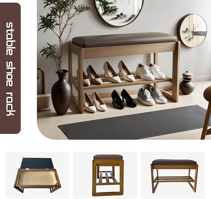 2-Tier Wood Shoe Bench with Flip-Top Storage Cabinet, Entryway Bench with Shoe - Image 6