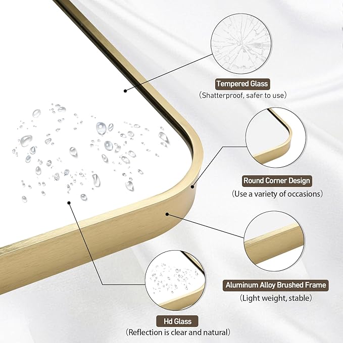 Gold Bathroom Mirror, 20x28 Inch Brushed Gold Mirror, Aluminum Alloy Framed - Image 3