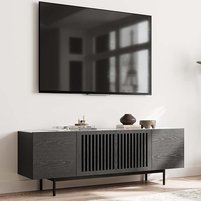 POVISON Fully-Assembled Mid Century Modern Sintered Stone TV Stand, Slatted - Image 2