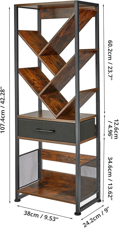 Bookshelf with Drawer, 8 Tier Tree Bookcase Retro Floor Standing Bookshelves - Image 2