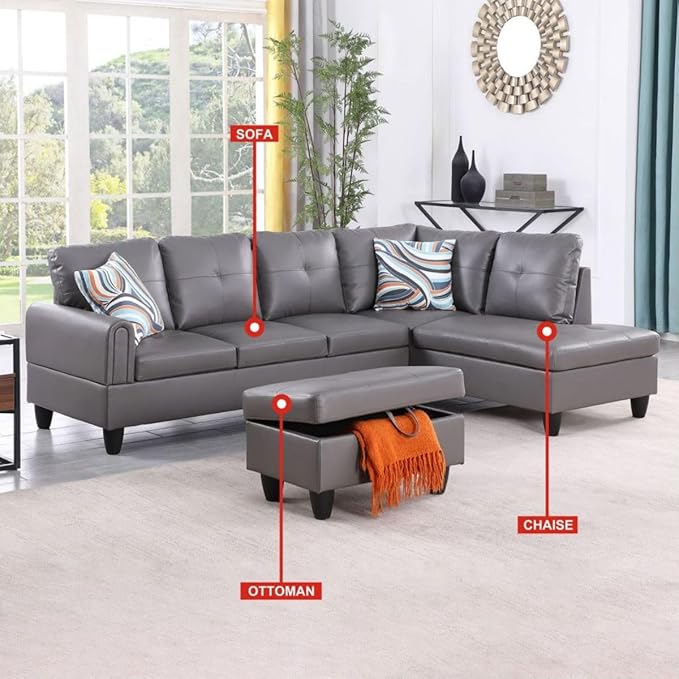 Dark Grey L-Shaped 3-Piece Faux Leather Sofa - Image 3