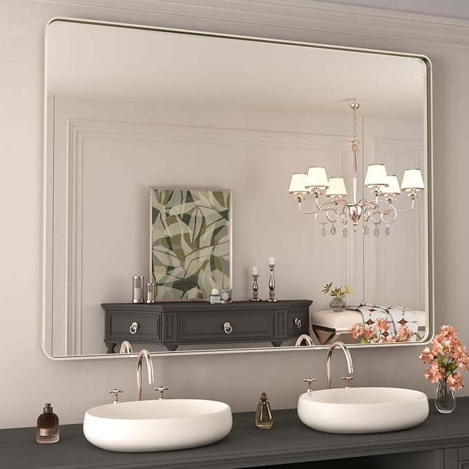 WEER 48X36 Inch Brushed Nickel Bathroom Mirror, Brushed Silver Metal Frame by WEER