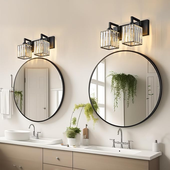 Modern Bathroom Vanity Light 2-Lights Black Crystal Bathroom Wall Light Vanity - Image 2