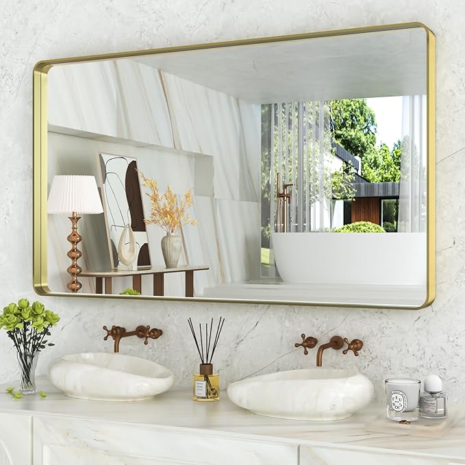 WEER Gold Bathroom Mirror, 55X30 Inch Brushed Gold Metal Frame Mirror, Rounded by WEER