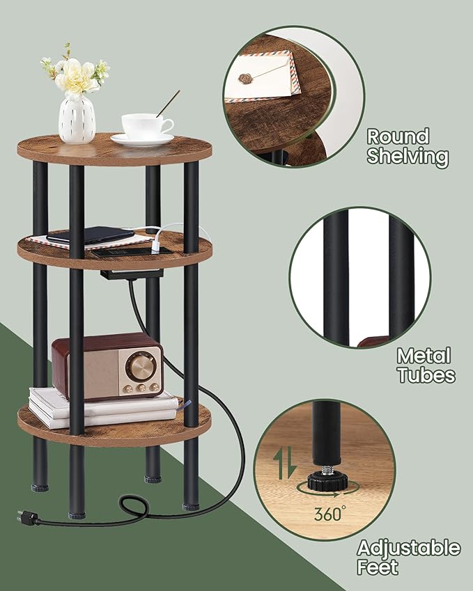 Round Side Table with Charging Station, Small Round End Table, 3-Tier Sofa Side - Image 7