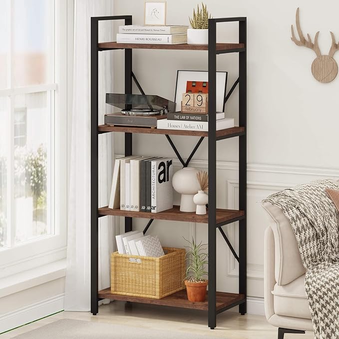 BON AUGURE Industrial 4 Tier Bookshelf, Modern Open Etagere Bookcase, Wood by BONAUGURE
