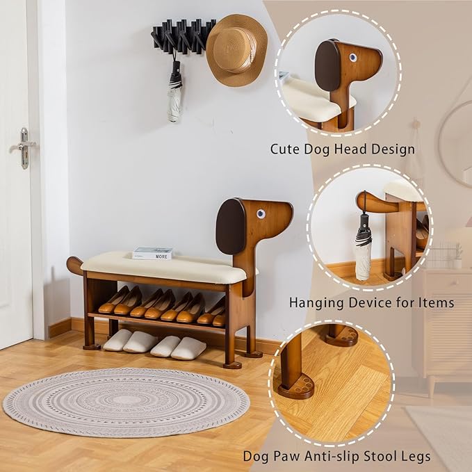 Shoe Bench – 2-Tier Wooden Entryway Organizer Cute Dog-Shaped - Image 3