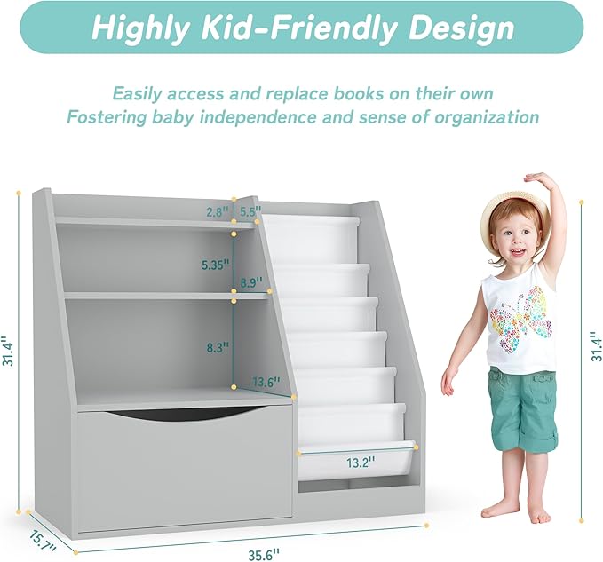 TOETOL Kids Bookshelf & Book Storage, 3 Tier Wooden Toddler Bookshelf - Image 3