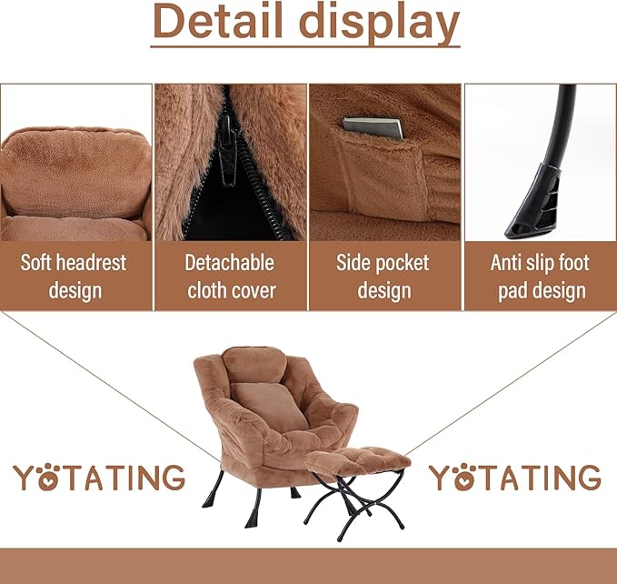 Lazy Chair with Ottoman, Comfy Reading Lounge Chair with Footstool & Throw - Image 4